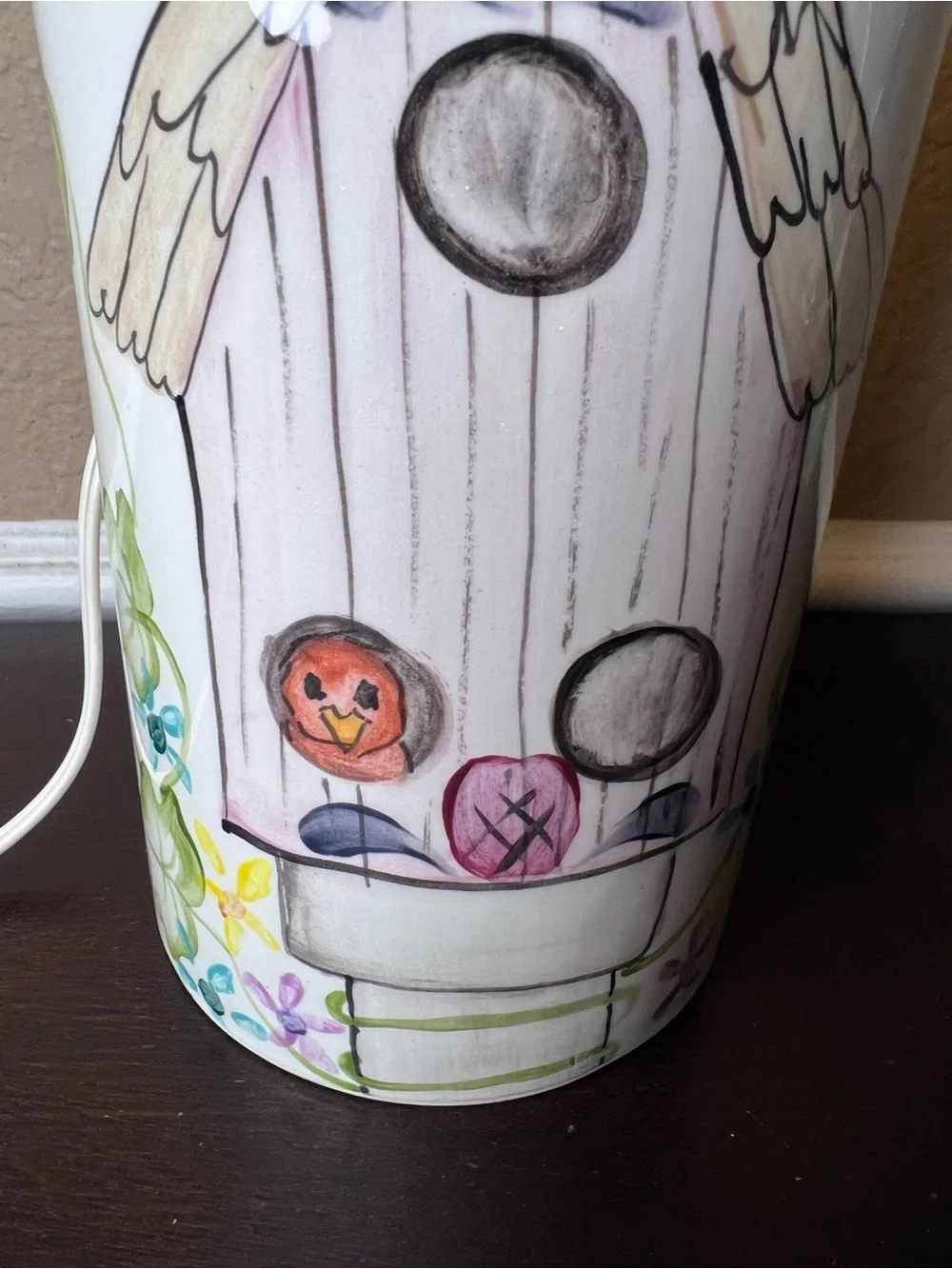 Vintage Ceramic Birdhouse Lamp, Folk Art Cottagecore Table Lamp